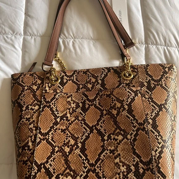 NWT Calvin Klein Tan and Black Snake-Print Chain-Handle Tote - Picture 8 of 9